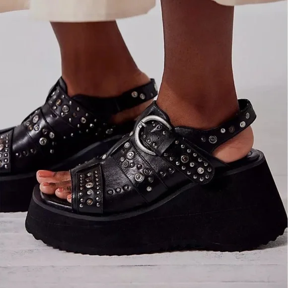 FREE PEOPLE Ace Studded Wedges / Black Leather - Picture 3 of 16